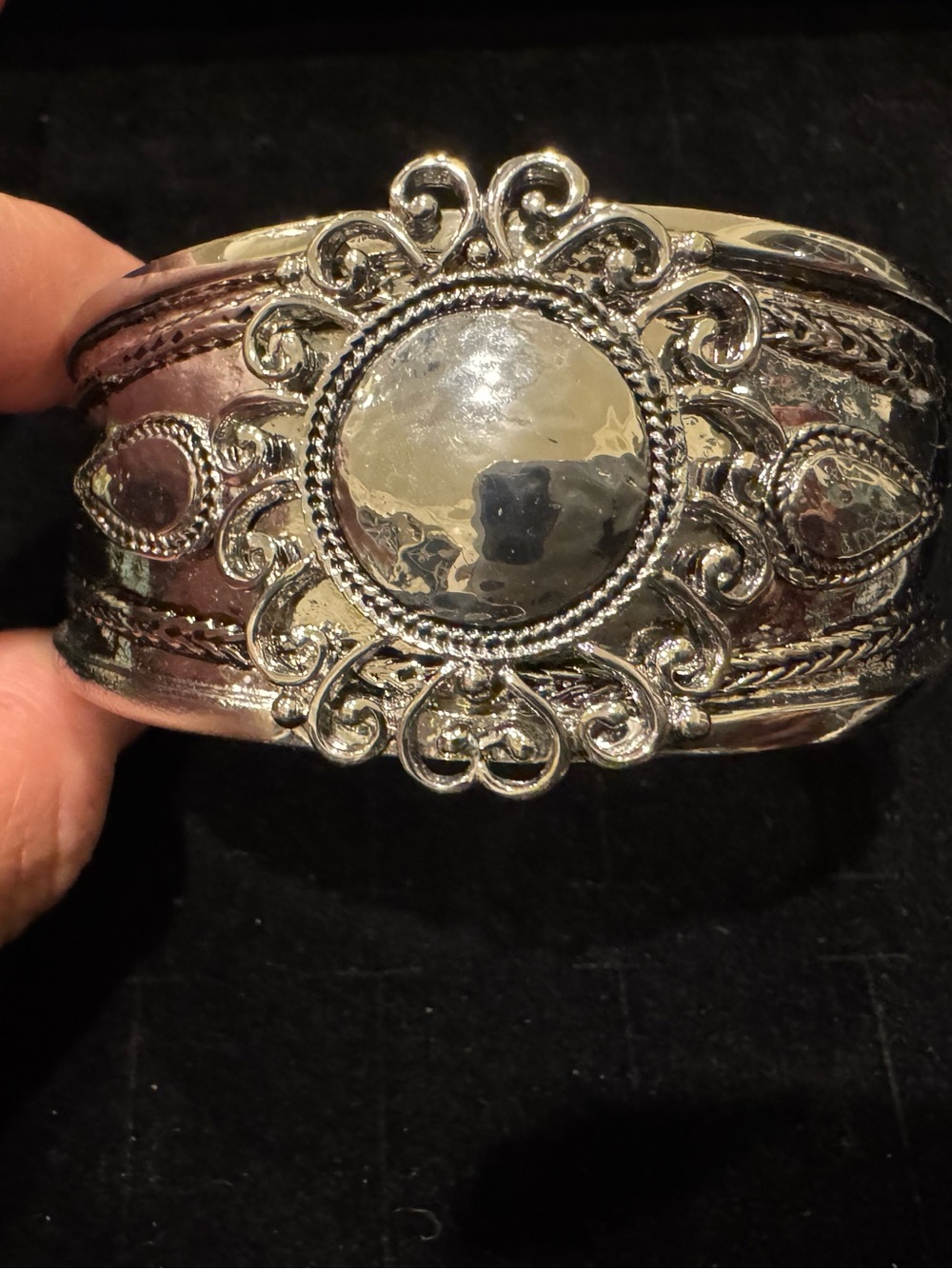 Vintage Style Silver Tone Wide Cuff Bracelet Ornate Filigree Statement Jewelry